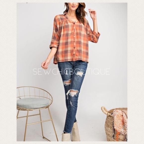 Rust Plaid Button Down Oversized Shirt - Picture 4 of 8